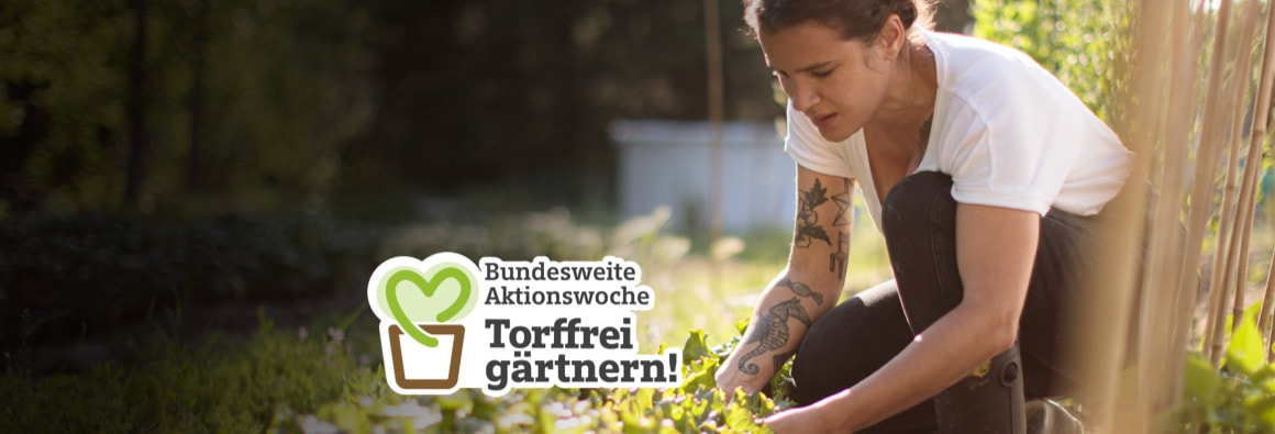 Frau pflanzt Salat Logo zur Aktionswoche Torffrei Gärtnern